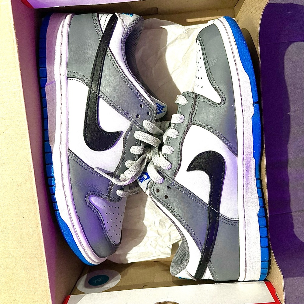 Nike Dunks low tops Gray/Blue/Black/White. Size 7.5 in women’s and 6y
